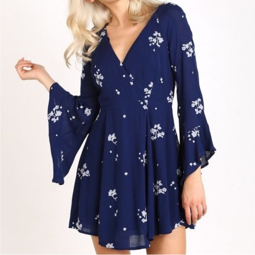 Free People Jasmine Embroidered Fit and Flare Bell Bottom Sleeve Mini Dress
